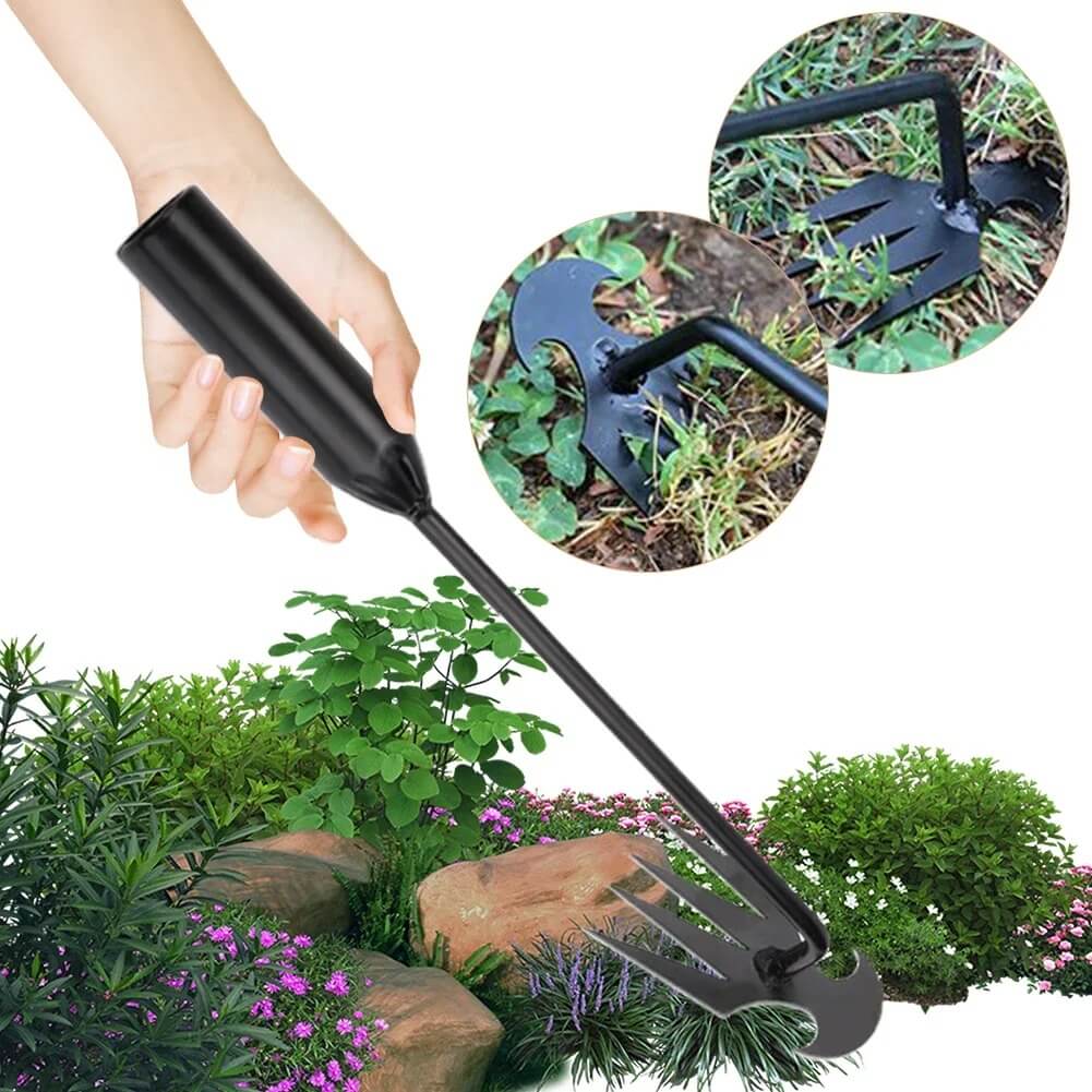 Compact manganese steel garden weeder, an essential hand tool for planting & cultivation.
