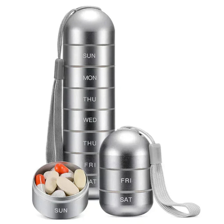 Portable weekly pill dispenser, sustainable aluminum, ideal for daily medication and travel management.