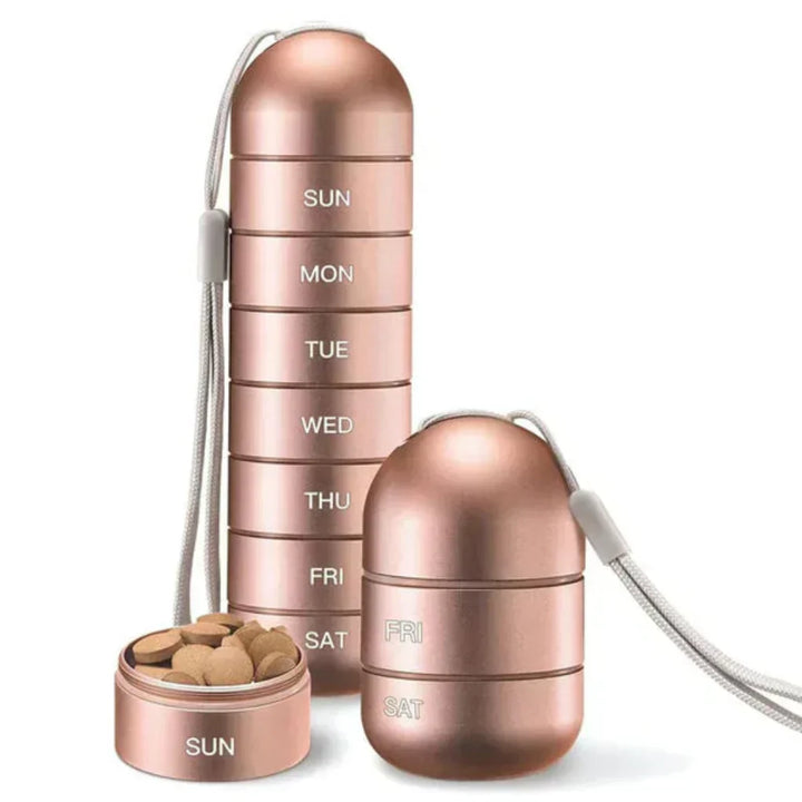 Aluminum weekly pill organizer for daily medication. Waterproof, portable, great for travel management.