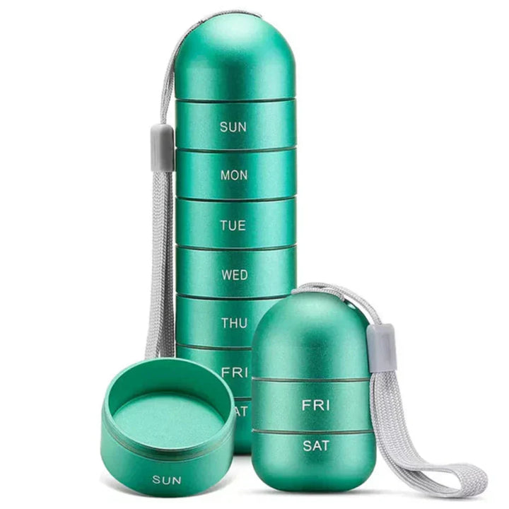 Manage daily medication with this sustainable aluminum weekly pill organizer. Waterproof & portable for travel.