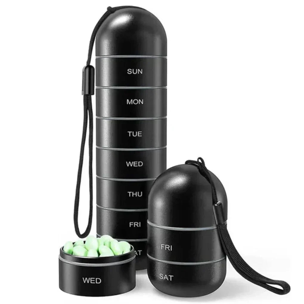 Compact unisex weekly pill dispenser. Waterproof aluminum for daily medication management, perfect for travel.