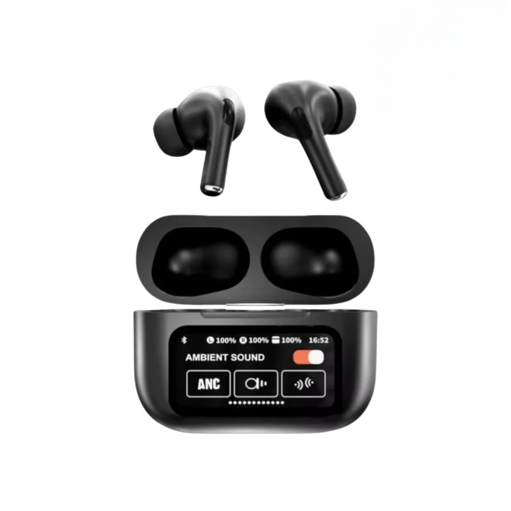 White wireless earbuds with responsive touchscreen smart case for premium sound and control.