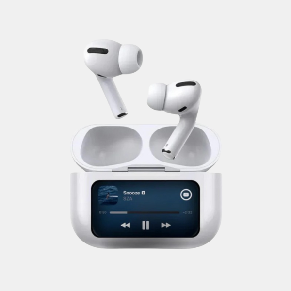 Sleek black wireless earbuds and smart case offering noise isolation and long battery life.