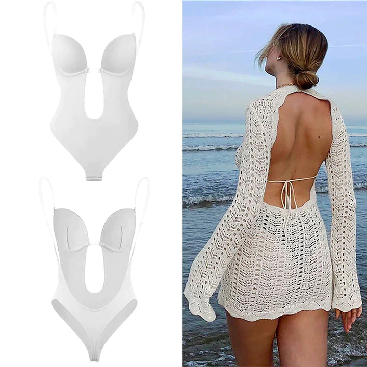 Front view of a women's backless shaping bodysuit, designed for a smooth front and invisible under tight clothing.