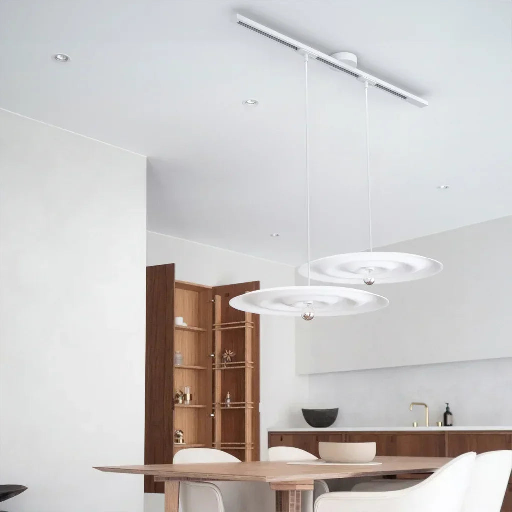 Aluminum pendant light rail in a modern white finish. Rotatable & adjustable ceiling fixture.