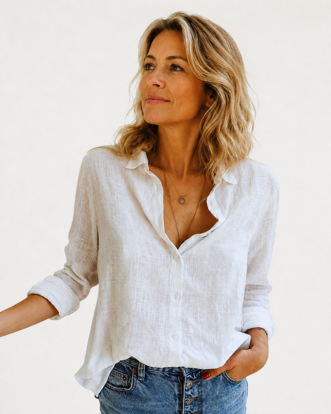 Women's long sleeve button-down blouse, a classic collared top for elegant office or casual wear.