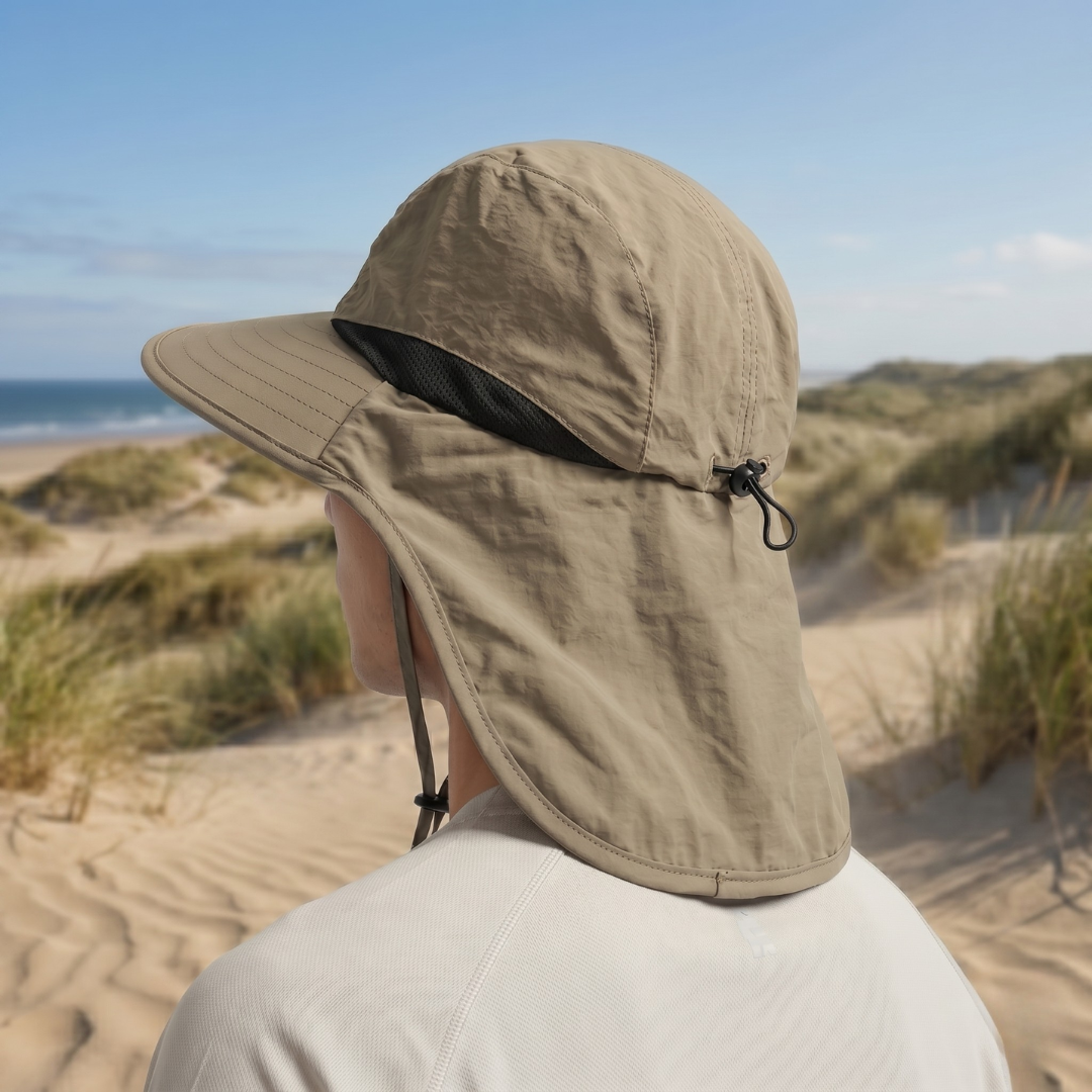 Lightweight, breathable polyester wide-brim sun hat provides essential UV protection for outdoor enthusiasts.