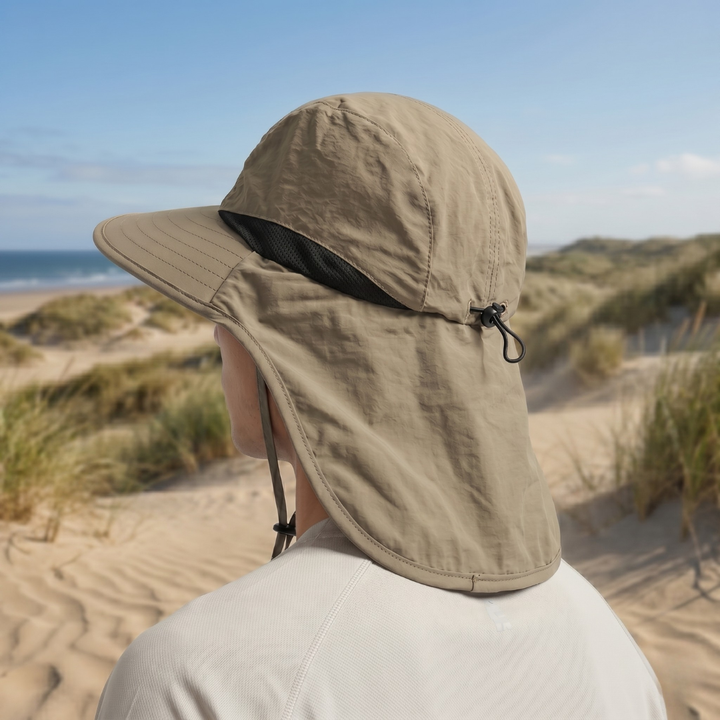 Lightweight, breathable polyester wide-brim sun hat provides essential UV protection for outdoor enthusiasts.