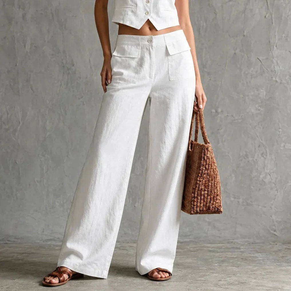 Women's high-waist wide-leg palazzo pants with pockets, perfect for office or casual wear.