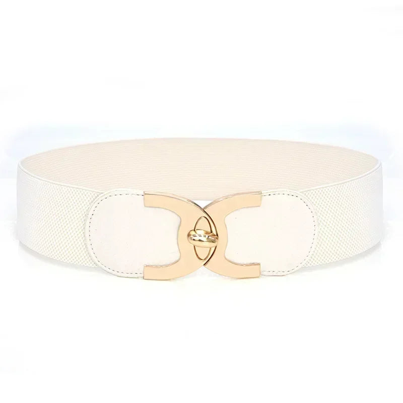 Chic wide elastic belt for women, featuring a Parisian style buckle. A fashionable PU leather waist accessory.