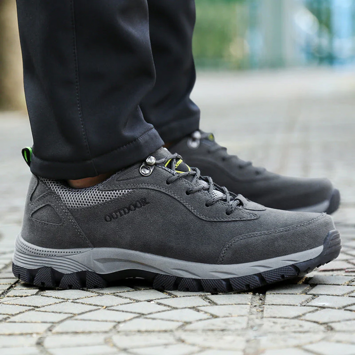 Durable men's orthopedic hiking shoes, chic low-top design for comfortable outdoor walking & trail use.