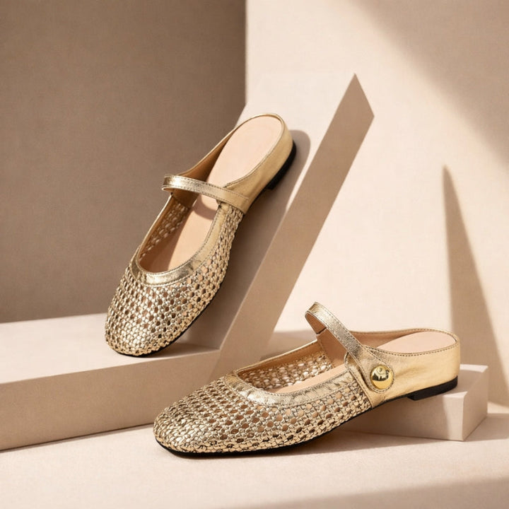 Elegant woven Mary Jane flat mules for women, perfect smart casual slip-on shoes for everyday comfort & style.