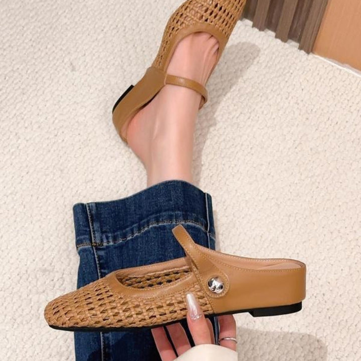 Crisp white woven Mary Jane flat mules, chic women's slip-on shoes perfect for elegant spring/summer fashion.
