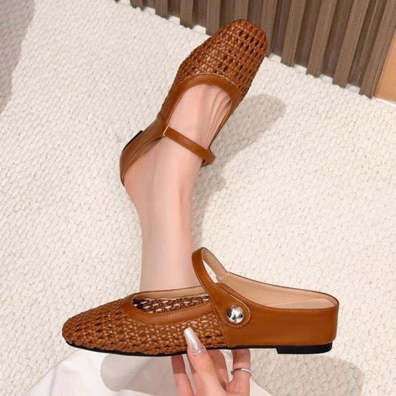 Women's elegant woven flat mules, a comfortable Mary Jane slip-on style perfect for smart casual everyday fashion.