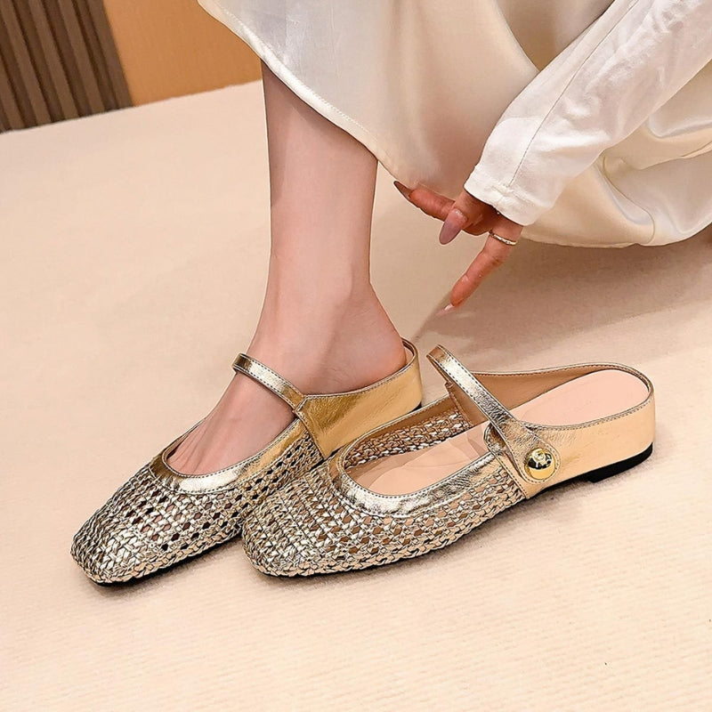 Gold woven Mary Jane flat mules for women, elegant slip-on comfort. Ideal for spring/summer fashion footwear.