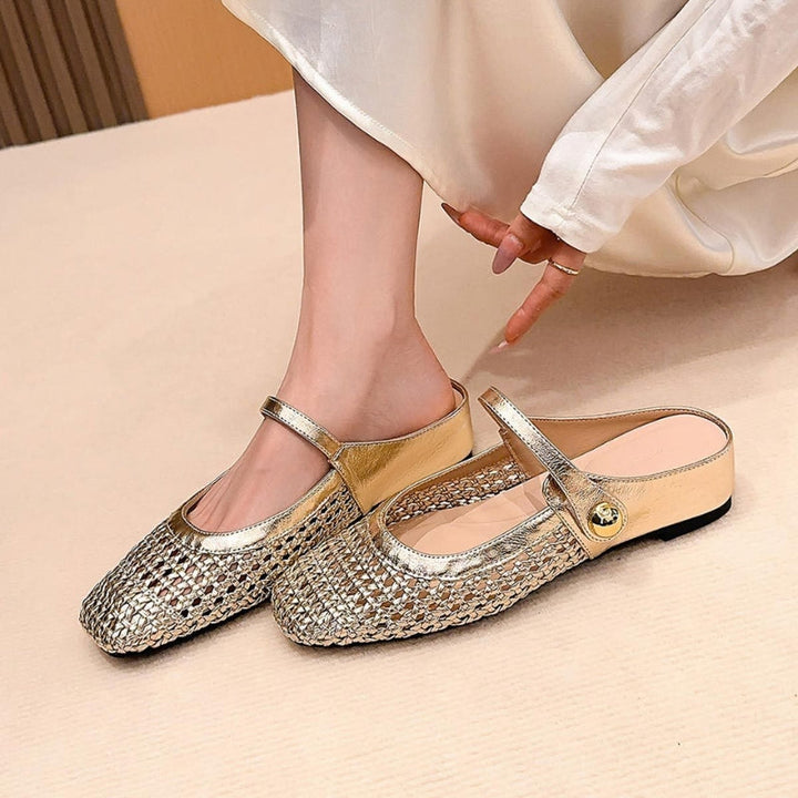 Gold woven Mary Jane flat mules for women, elegant slip-on comfort. Ideal for spring/summer fashion footwear.