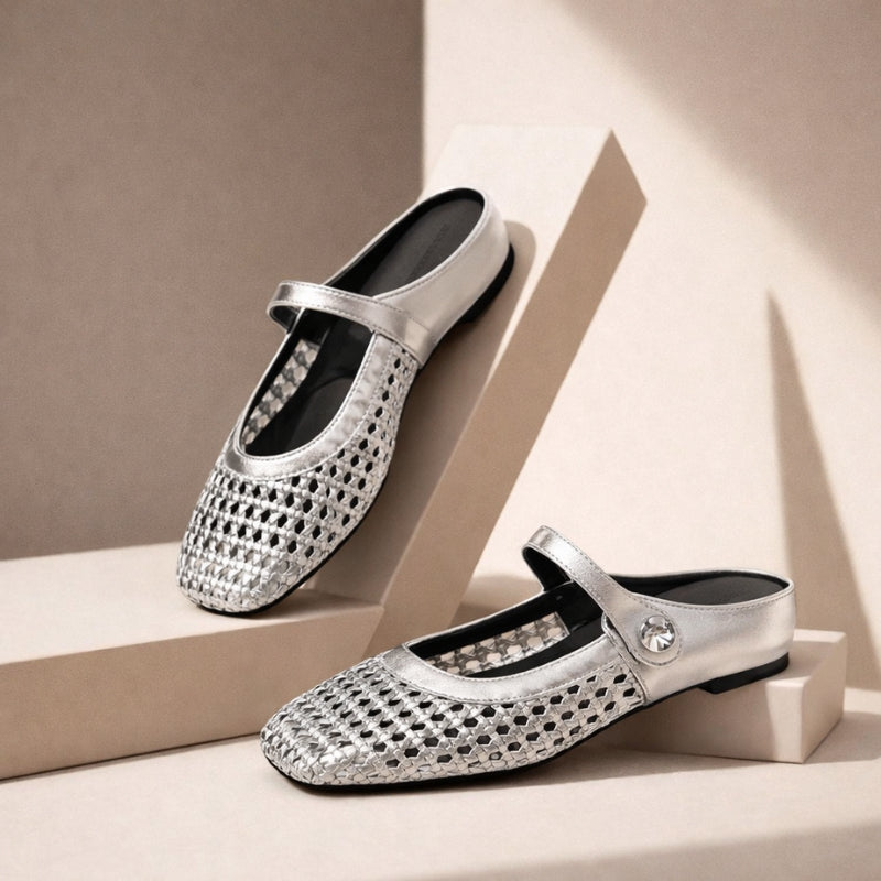 Woven Mary Jane flat mules, elegant women's slip-on shoes offering comfort and fashion for smart casual wear.