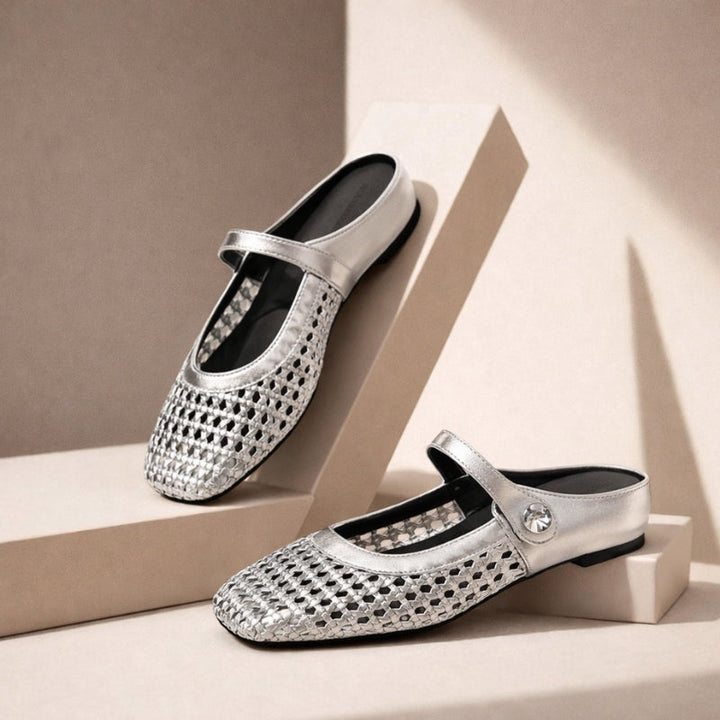 Woven Mary Jane flat mules, elegant women's slip-on shoes offering comfort and fashion for smart casual wear.