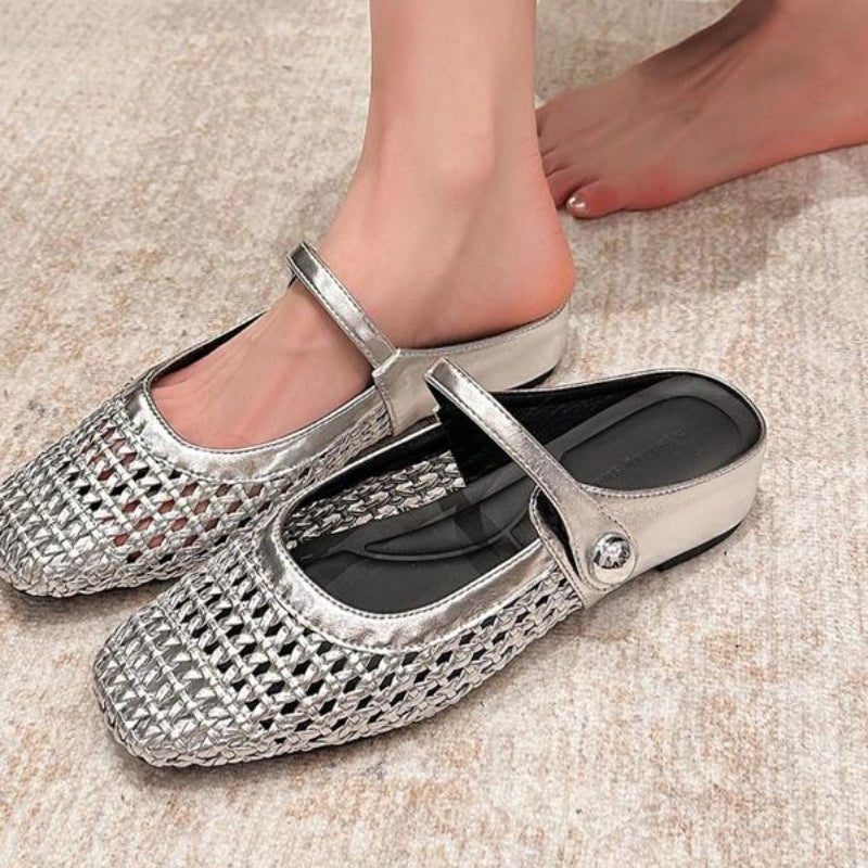 Comfortable elegant woven Mary Jane flat mules, perfect women's slip-on shoes for smart casual everyday style.