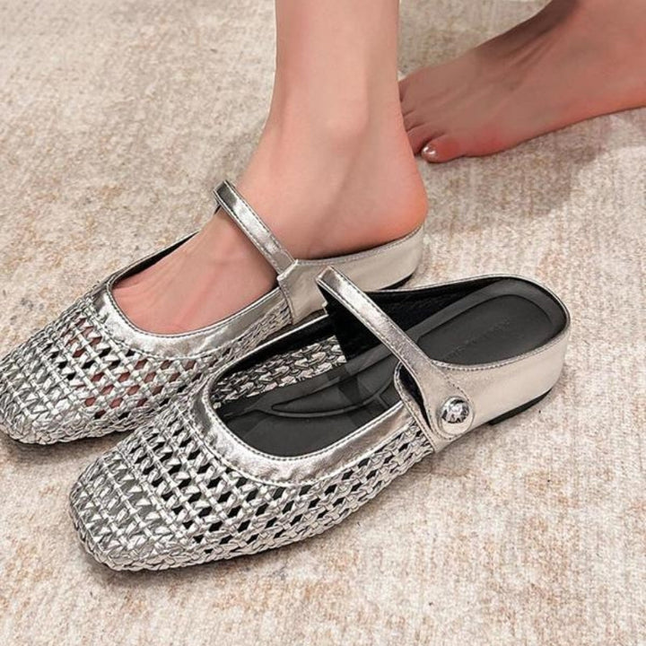 Comfortable elegant woven Mary Jane flat mules, perfect women's slip-on shoes for smart casual everyday style.