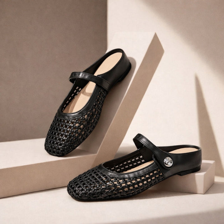 Versatile elegant woven Mary Jane flat mules for women, smart casual slip-on shoes for everyday fashion.