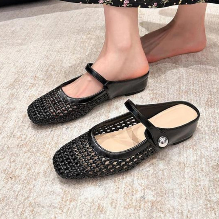 Women's stylish woven Mary Jane flat mules, featuring a comfortable slip-on design for elegant everyday wear.