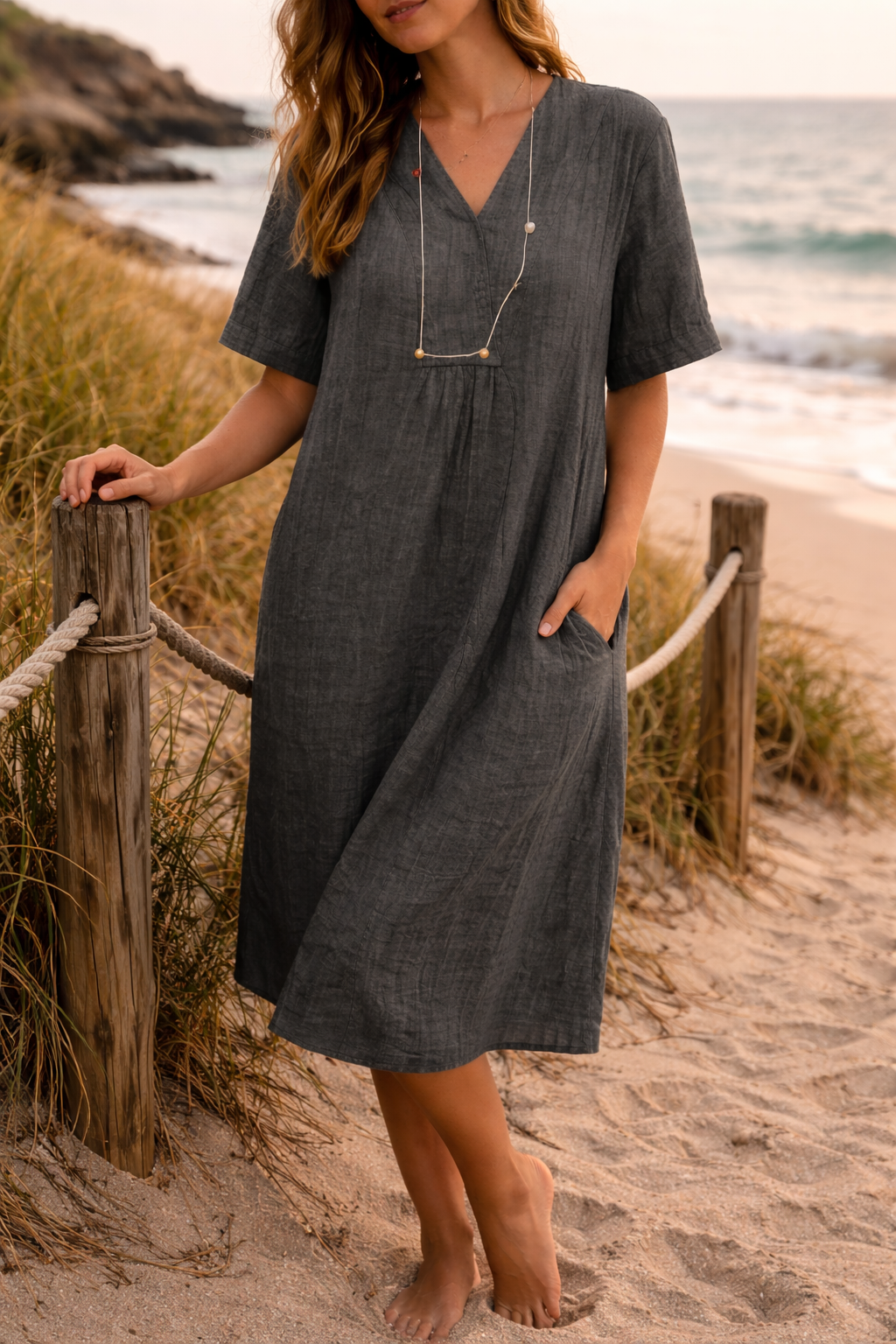 Stylish black women's polished V-neck midi dress, a versatile piece for relaxed summer fashion.