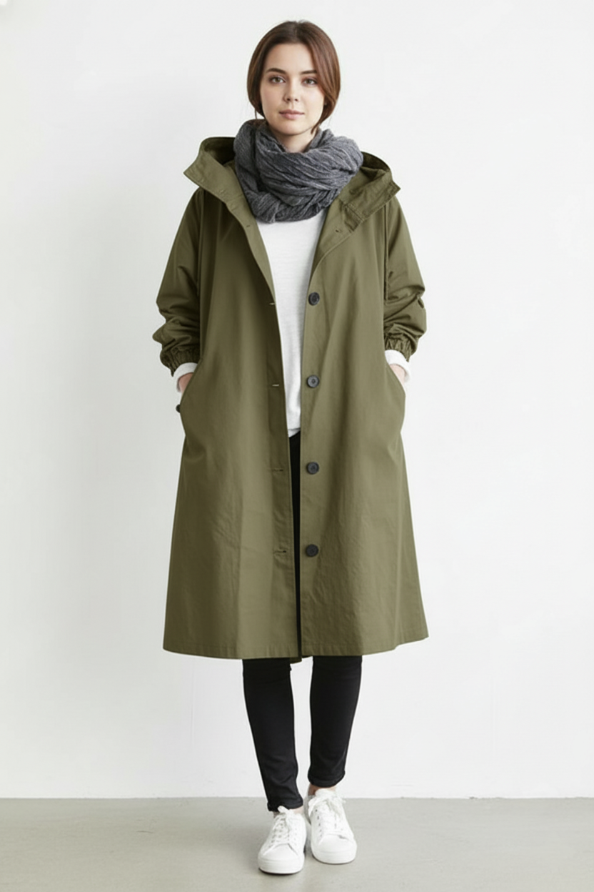 Women's hooded windproof trench coat, ideal for autumn & winter. Stylish long outerwear jacket.