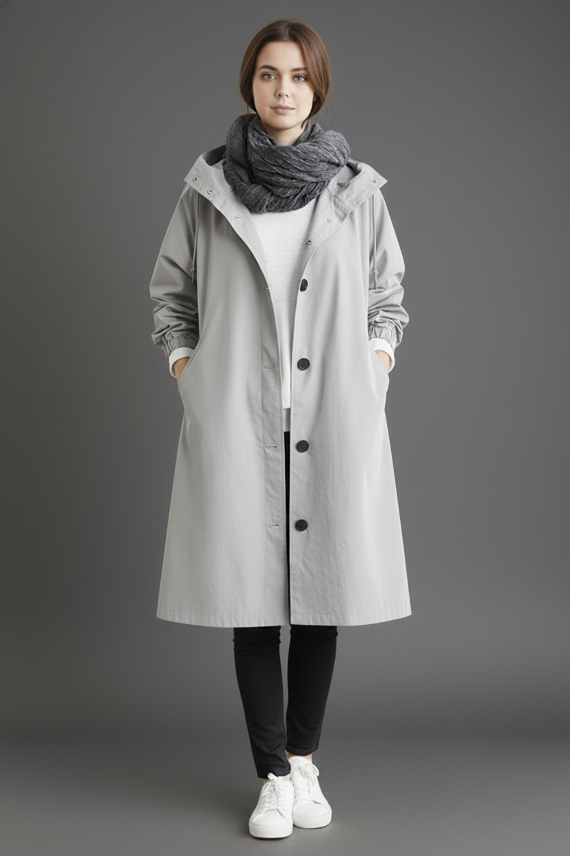 Women's fashionable windproof hooded trench coat. Long autumn/winter jacket for stylish outdoor adventures.