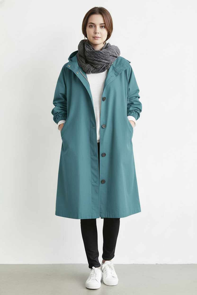 Fashionable women's long hooded trench coat. Windproof & waterproof outerwear for cold autumn/winter.