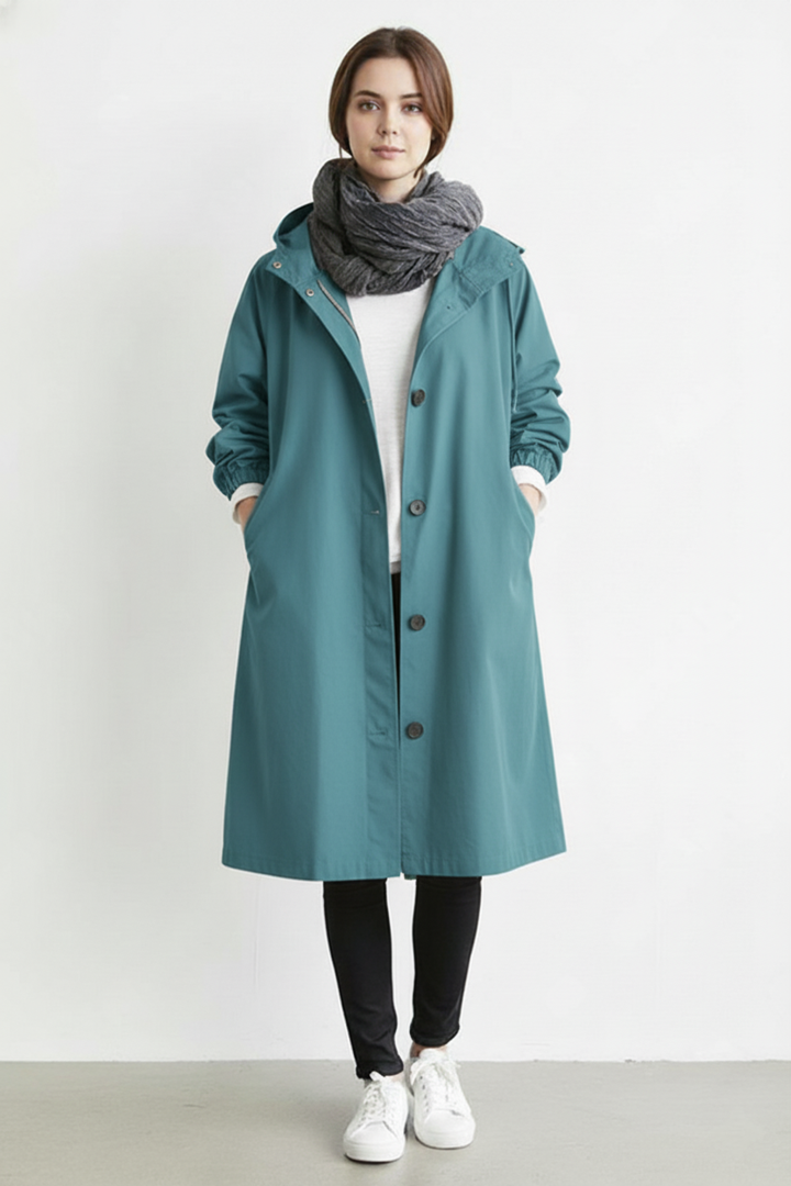 Fashionable women's long hooded trench coat. Windproof & waterproof outerwear for cold autumn/winter.