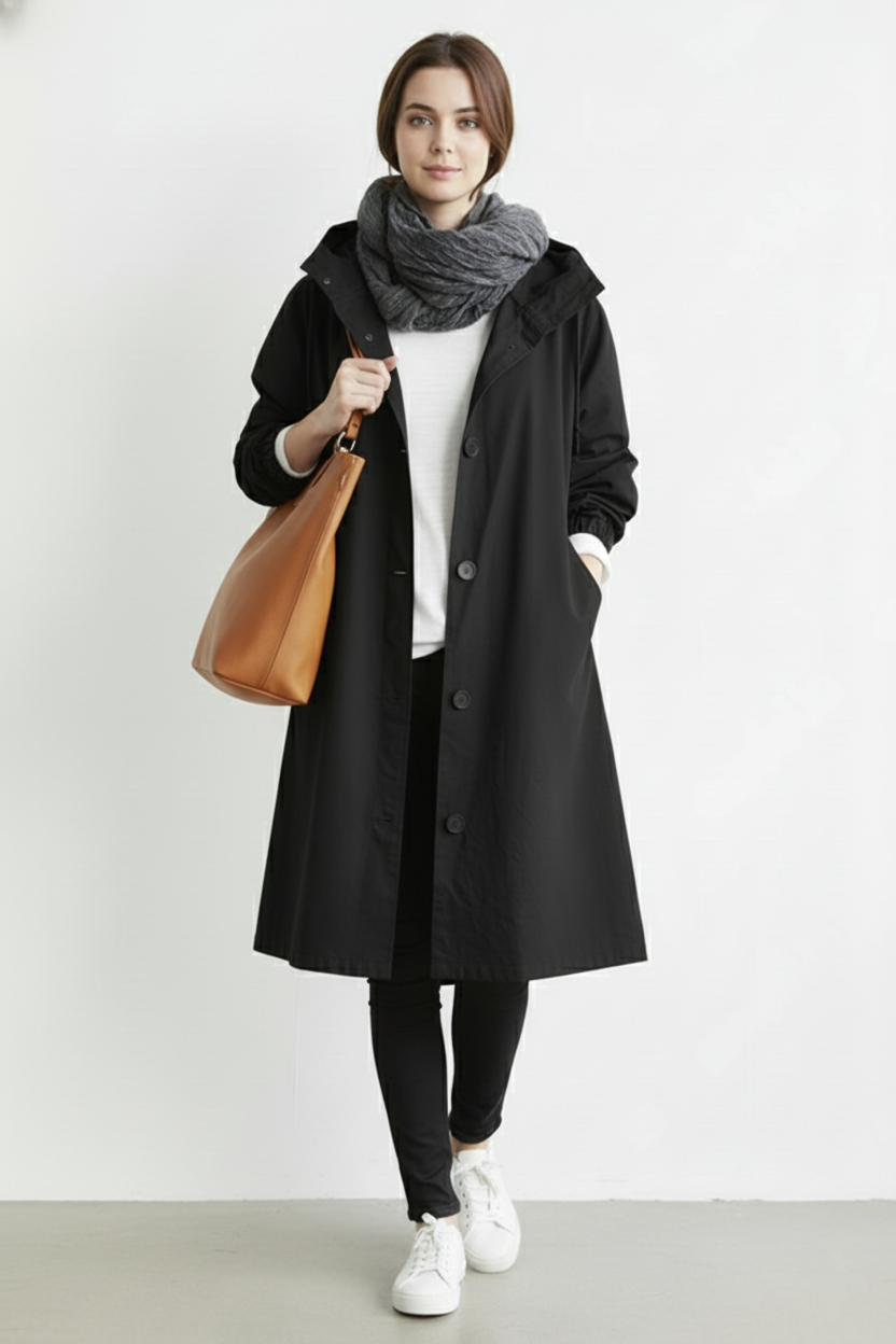 Stylish women's autumn/winter hooded trench coat. Windproof & warm long jacket, perfect for cold weather.