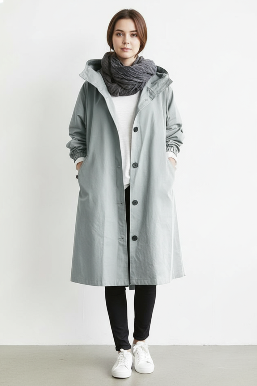 Women's windproof hooded trench coat. Essential long autumn/winter outerwear for stylish protection.