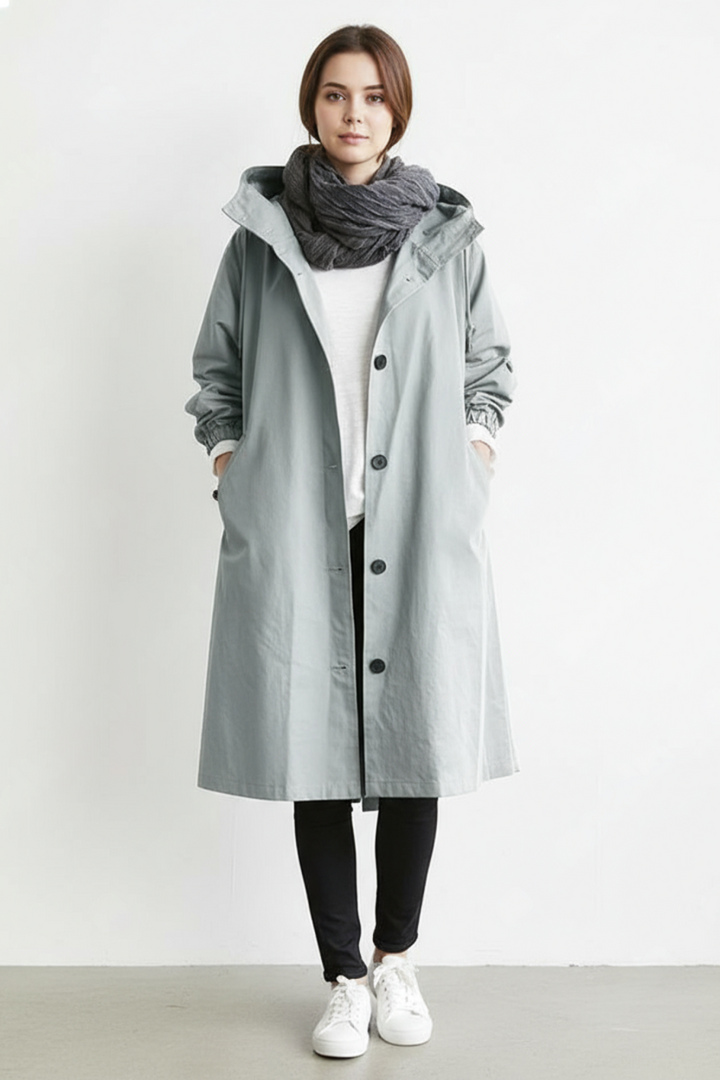 Women's windproof hooded trench coat. Essential long autumn/winter outerwear for stylish protection.