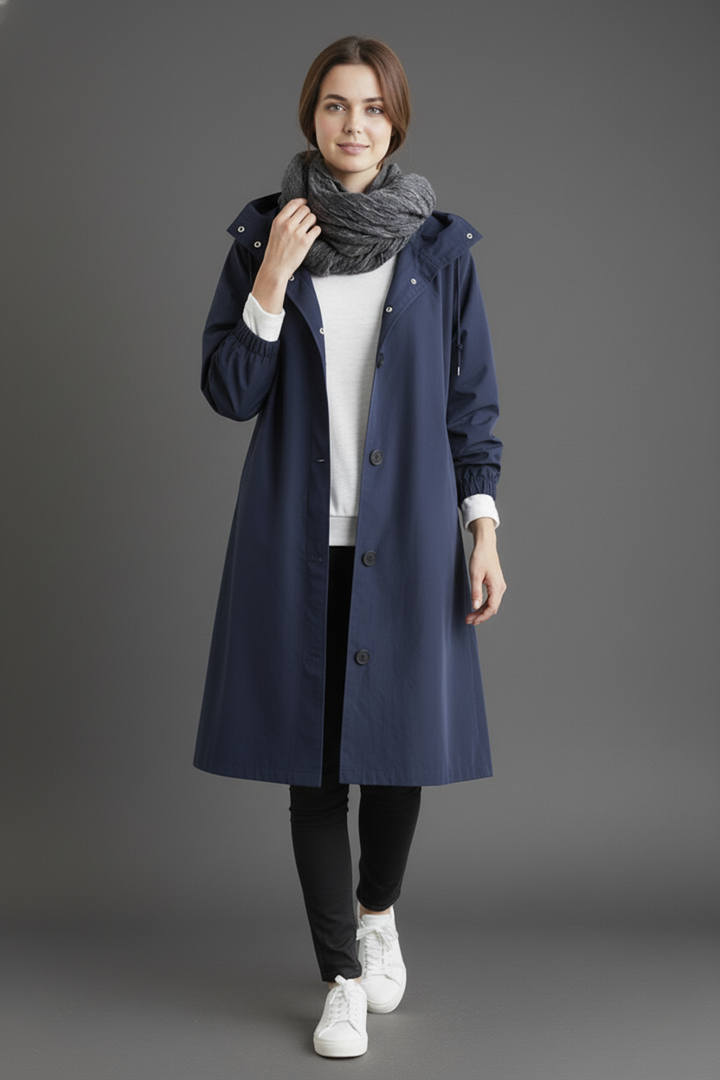 Elegant women's long hooded winter coat. Fashionable windproof trench for stylish warmth in cold weather.