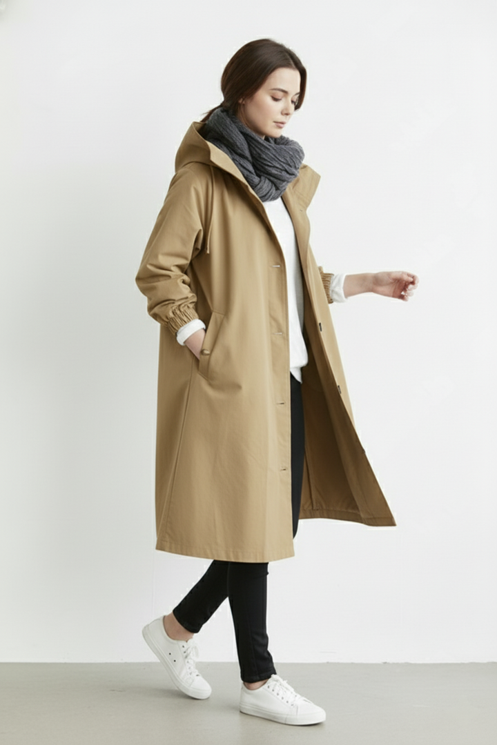 Durable women's long hooded trench coat. Windproof & waterproof outerwear, perfect for chilly autumn days.