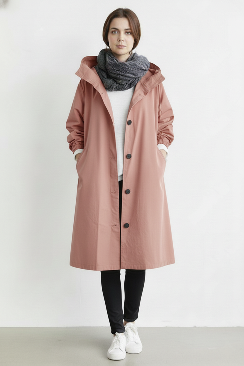 Women's chic hooded autumn jacket. Windproof long trench coat for fashionable warmth & protection.