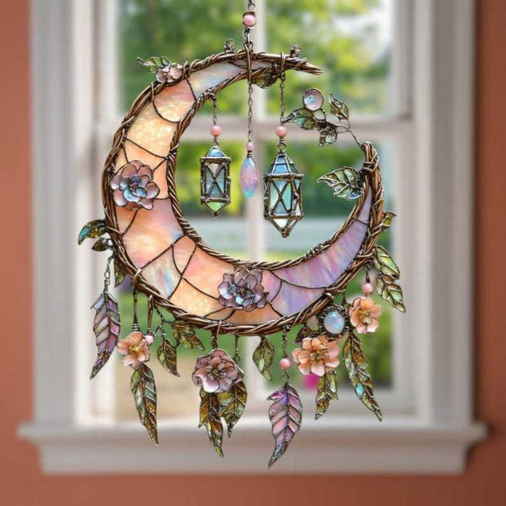 Magical Sun Catcher window decor with celestial moon & Highland cattle design. Captures light beautifully.