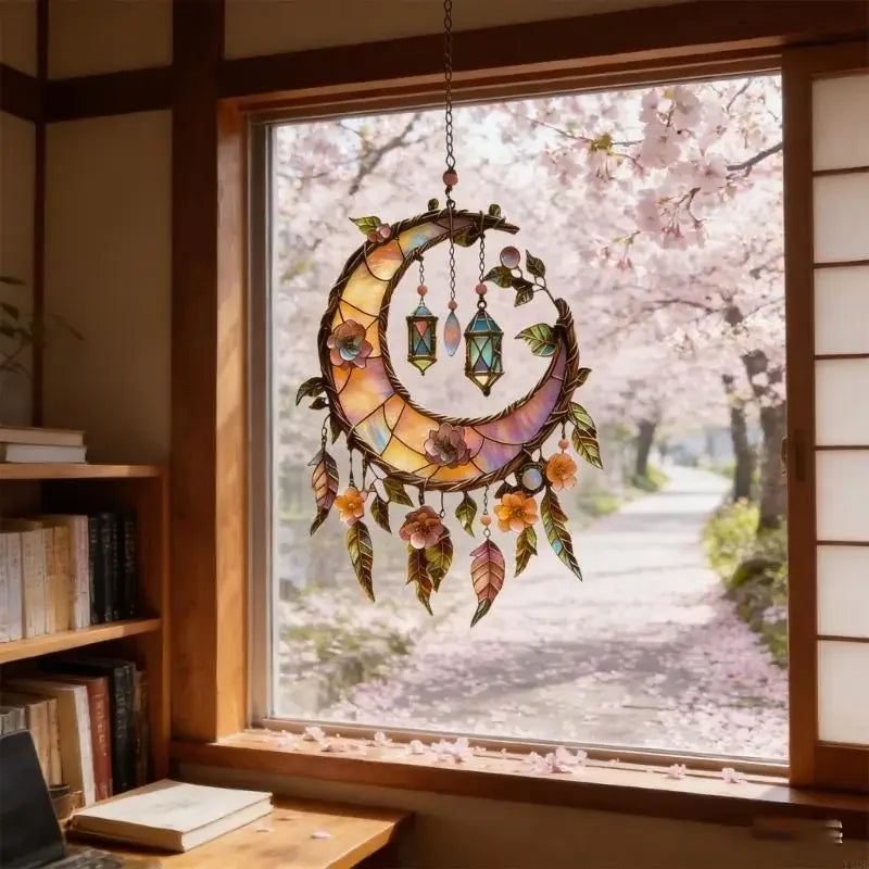 Enchanting window decor: Magical Sun Catcher featuring celestial moon & Highland cattle in acrylic art, unique.