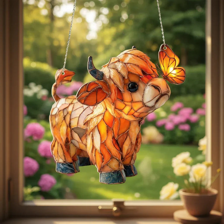 Bohemian window decor: Magical sun catcher with detailed Highland cattle & moon design, acrylic art light catcher.
