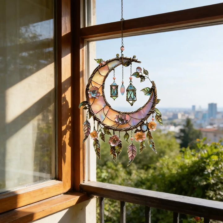 Unique gift: Magical Sun Catcher acrylic art with celestial moon & Highland cattle, ideal for home window decoration.