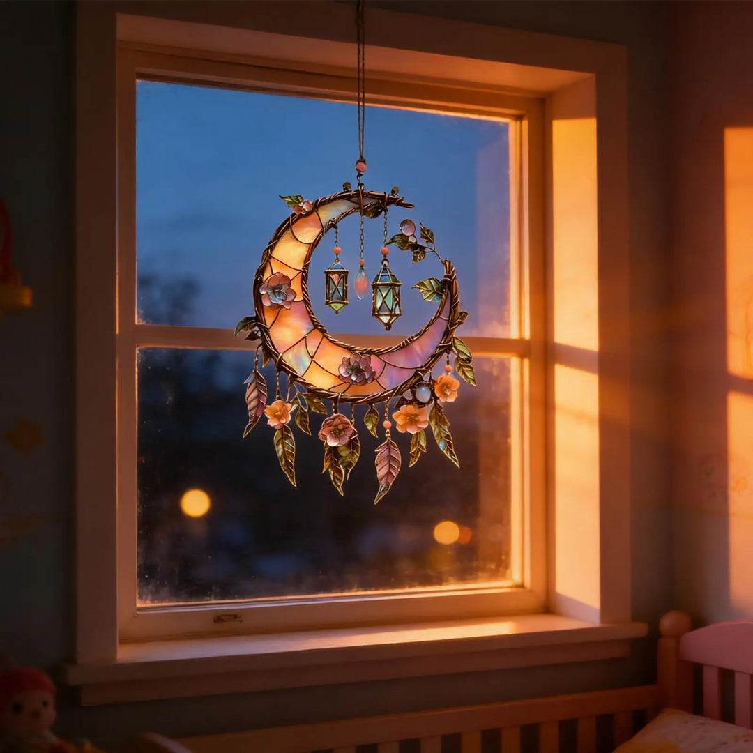 Magical Sun Catcher window decoration; a vibrant light catcher with celestial moon & Highland cattle design.