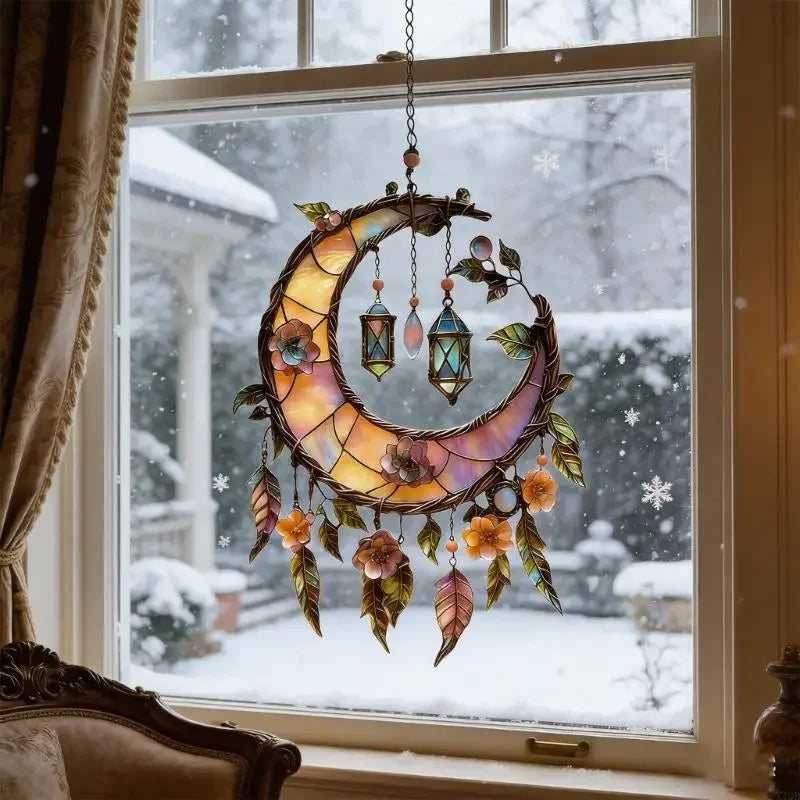 Celestial moon & Highland cattle acrylic art sun catcher. Enchanting window decor creating magical light effects.