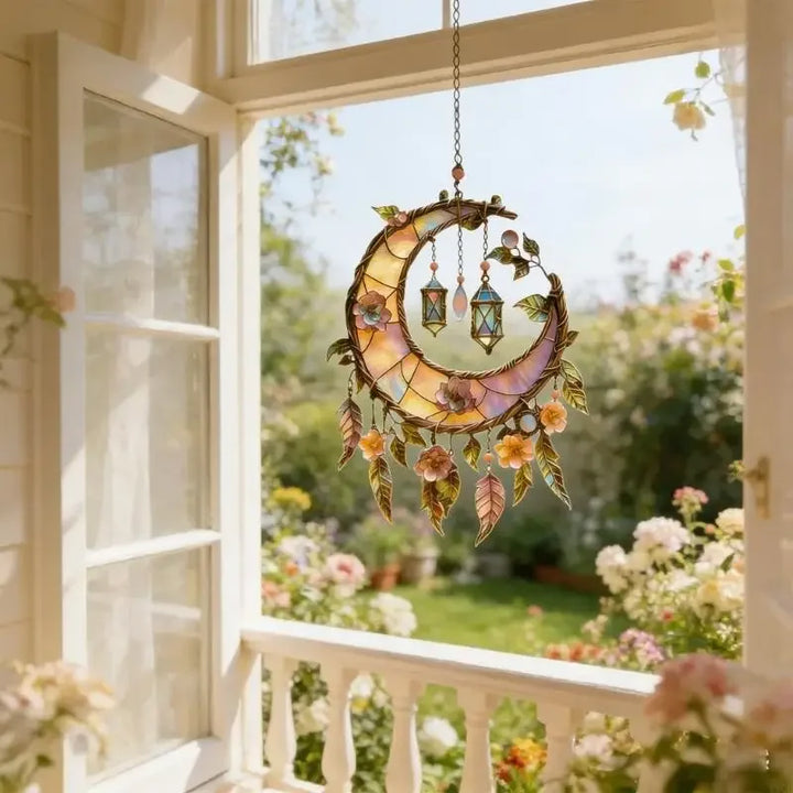 Bohemian home decoration: Magical sun catcher, a light catcher with moon & Highland cattle art for windows.