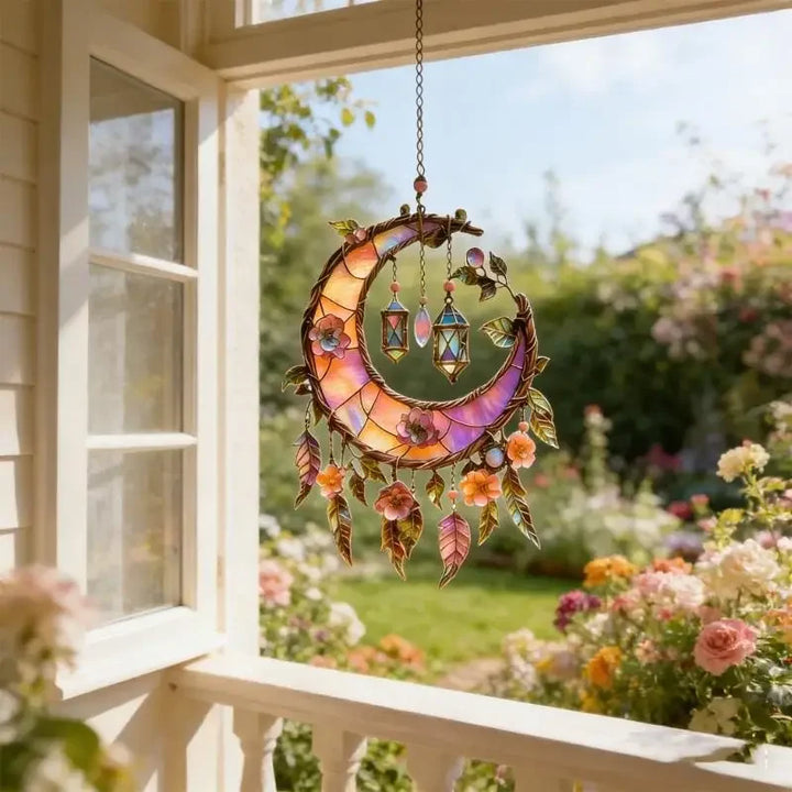 Detailed acrylic sun catcher featuring celestial moon, Highland cattle, and magical light effects for windows.
