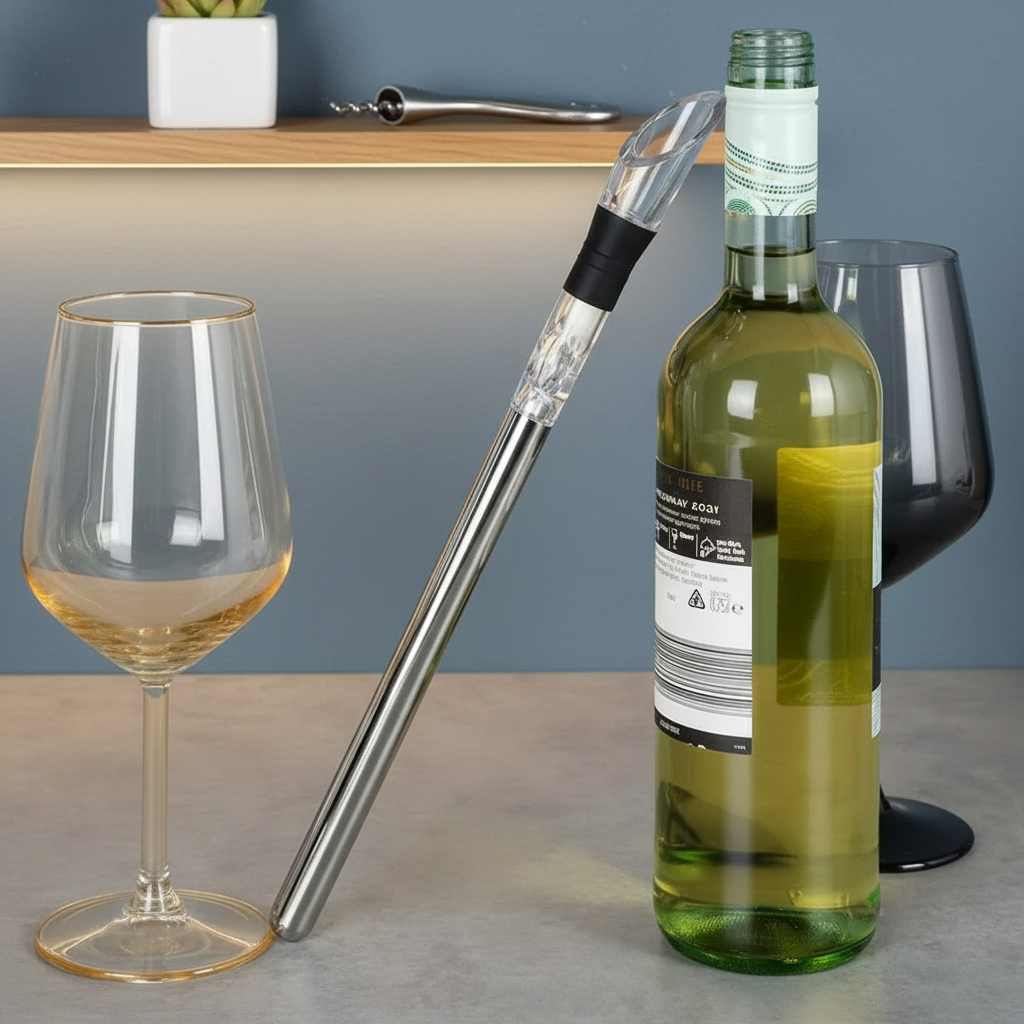 Modern wine chiller rod with built-in aerator. Ensures ideal temperature & flavor for red/white wines.