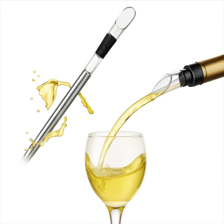 Drip-free wine pourer & chiller. This stainless steel accessory enhances any wine drinking experience.