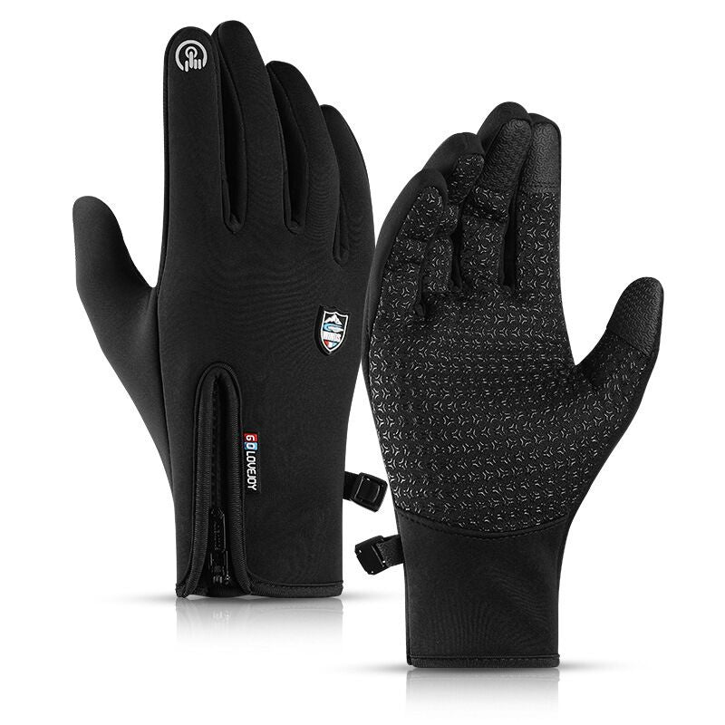Black insulated waterproof thermal gloves, touchscreen compatible for winter sports and cycling.