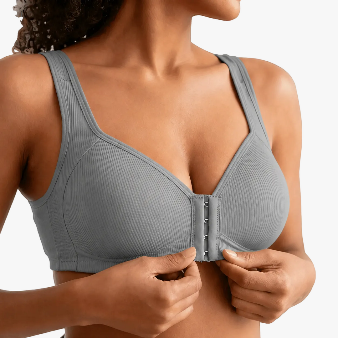 Front closure wireless bra for women, easy wear comfort, seamless design.