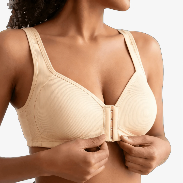 Seamless wireless front closure bra, smooth look, ultimate comfort for women.
